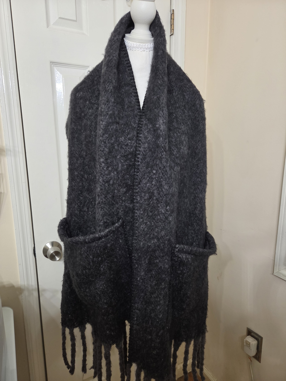 Steve Madden Dark Charcoal Fringe Open-Front Knit Cape
